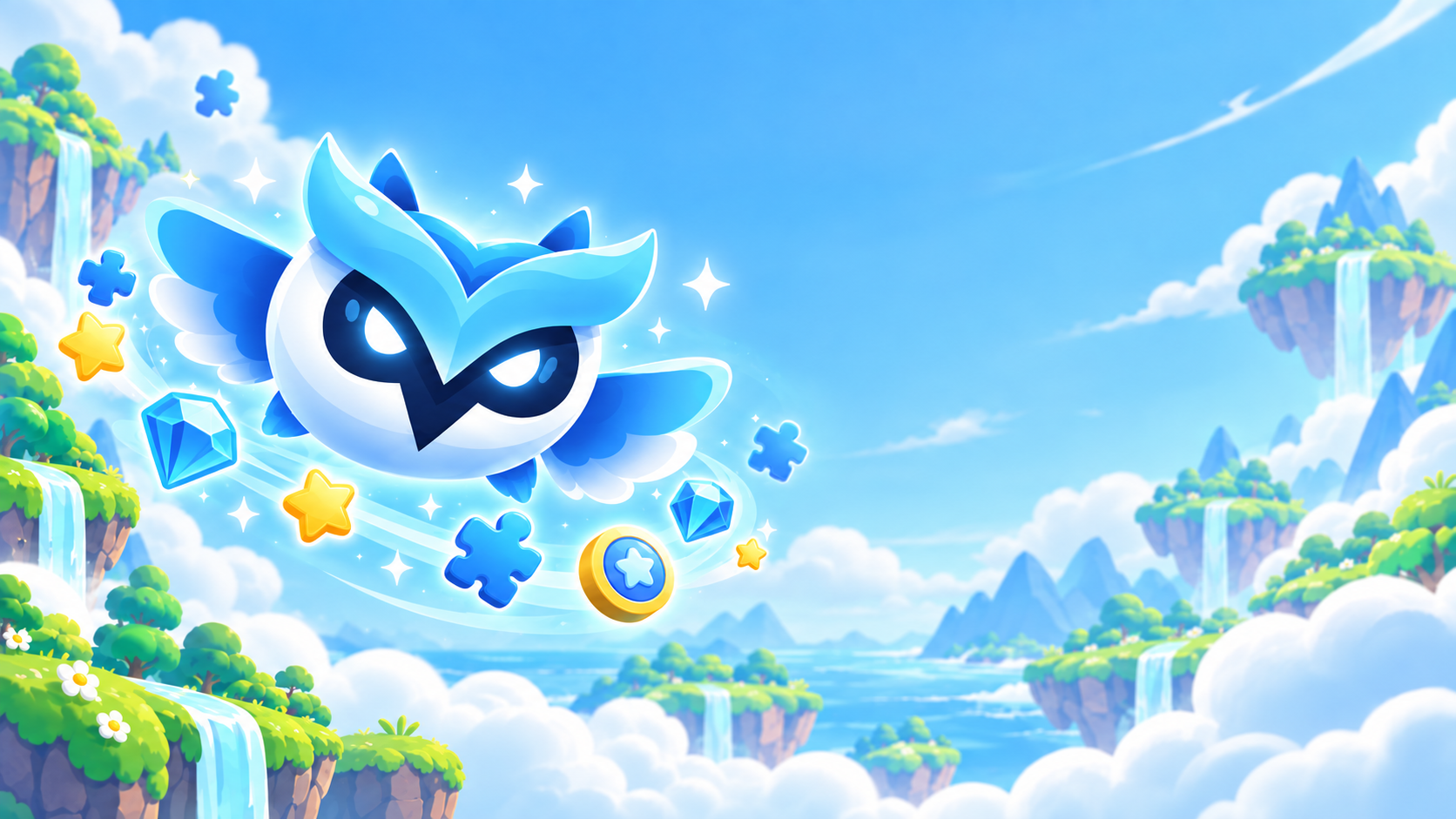 Owlplay's blue owl flying among floating cloud islands